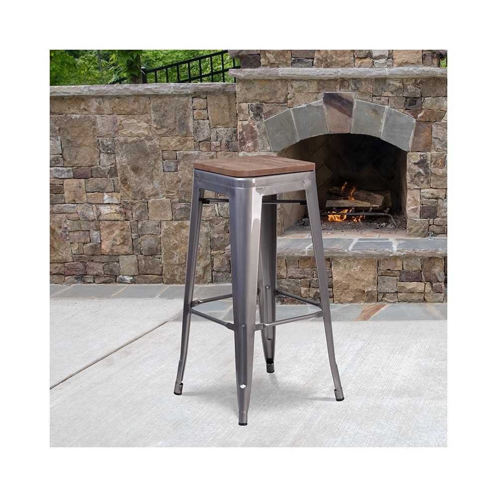 30" High Backless Clear Coated Metal Barstool with Square Wood Seat