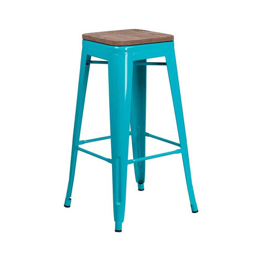 30" High Backless Crystal Teal-Blue Barstool with Square Wood Seat