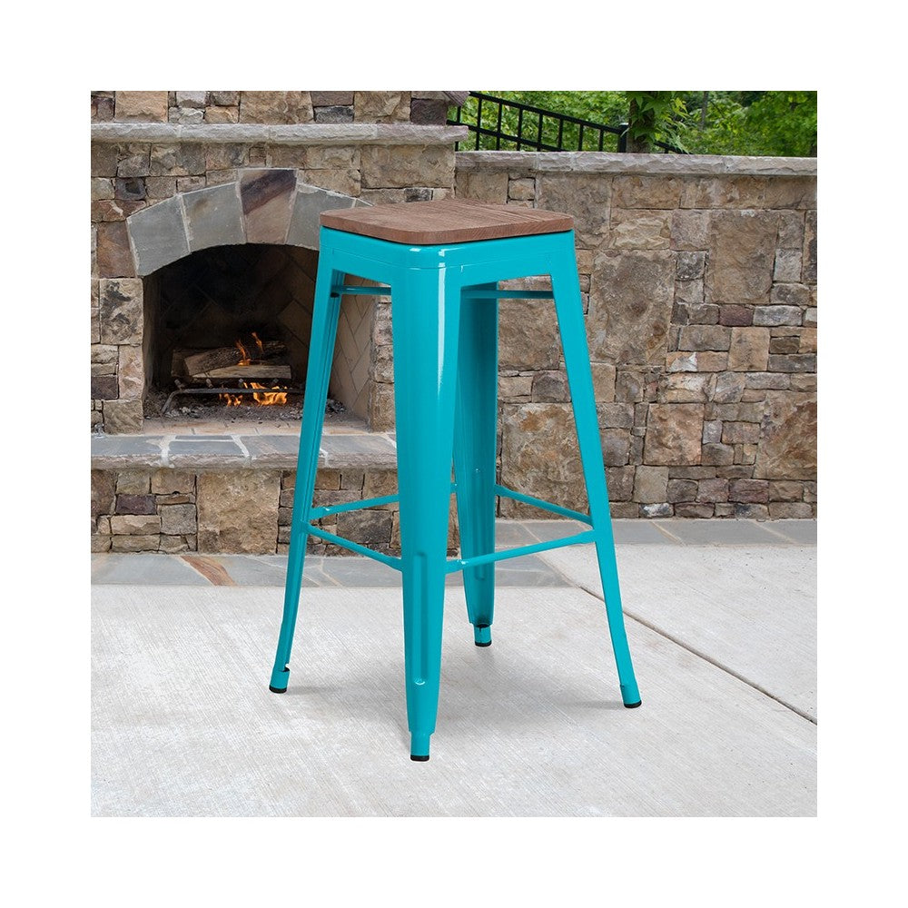 30" High Backless Crystal Teal-Blue Barstool with Square Wood Seat