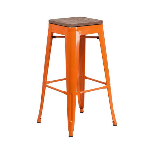 30" High Backless Orange Metal Barstool with Square Wood Seat