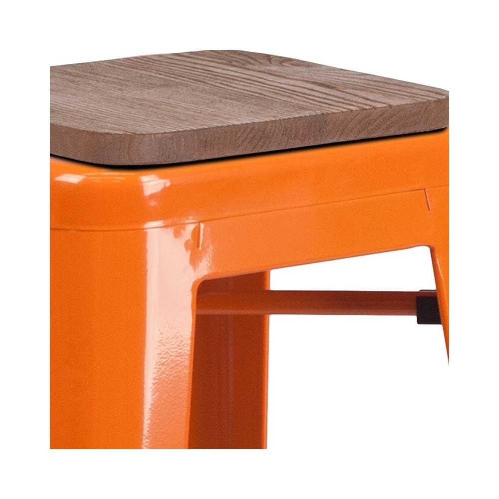 30" High Backless Orange Metal Barstool with Square Wood Seat