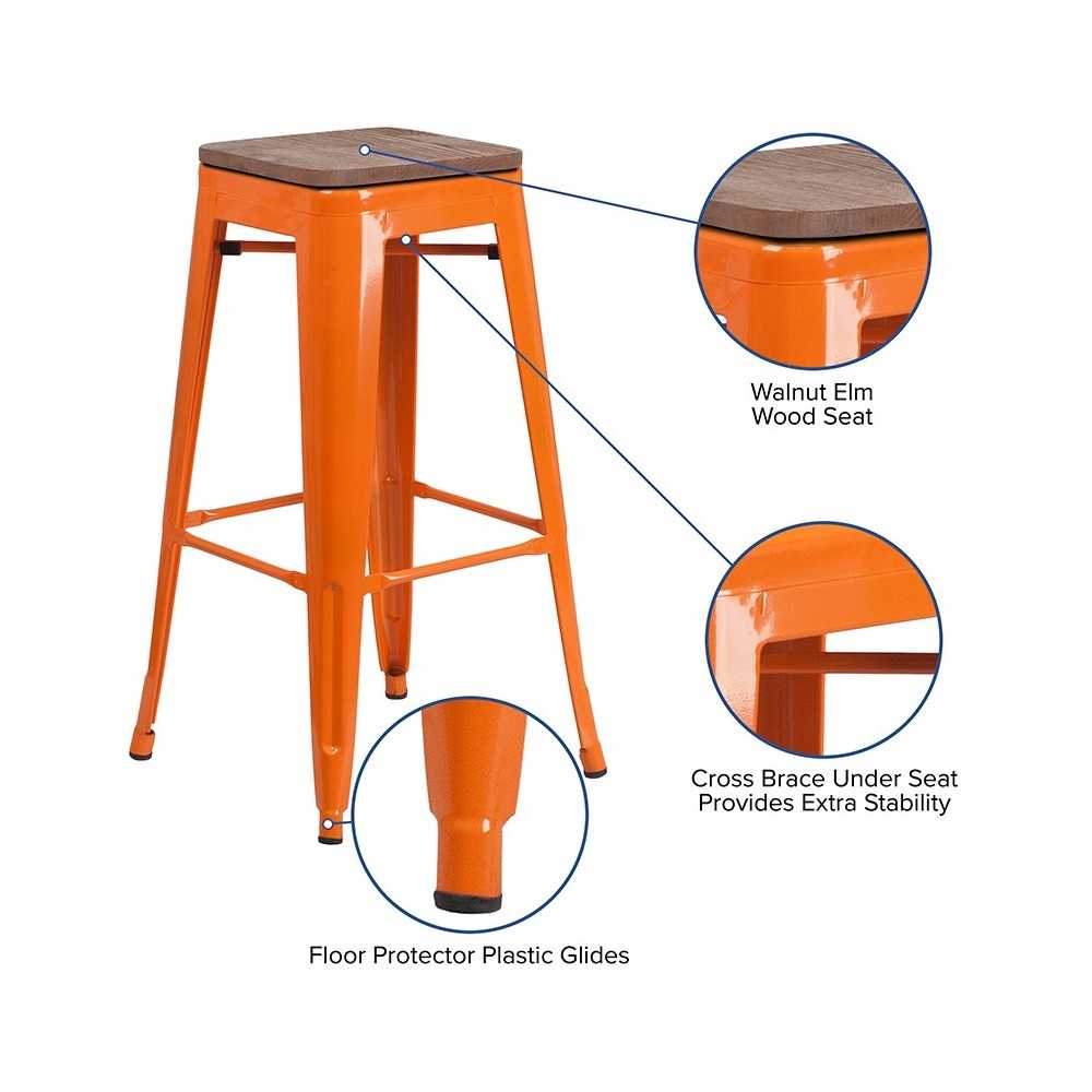 30" High Backless Orange Metal Barstool with Square Wood Seat