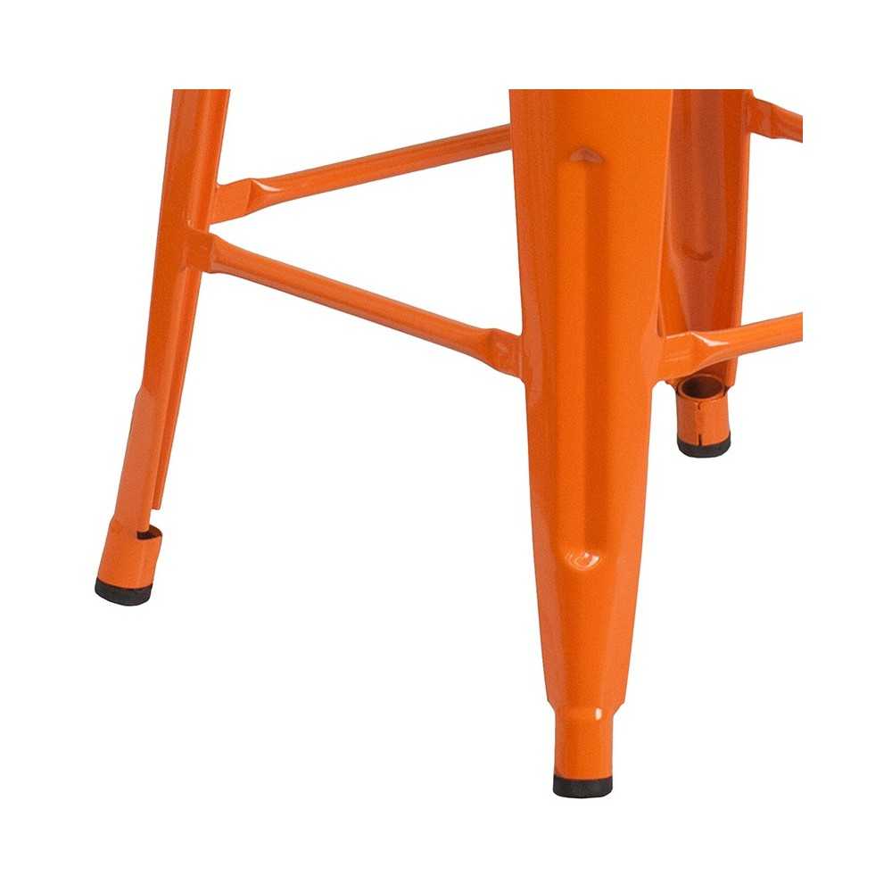 30" High Backless Orange Metal Barstool with Square Wood Seat