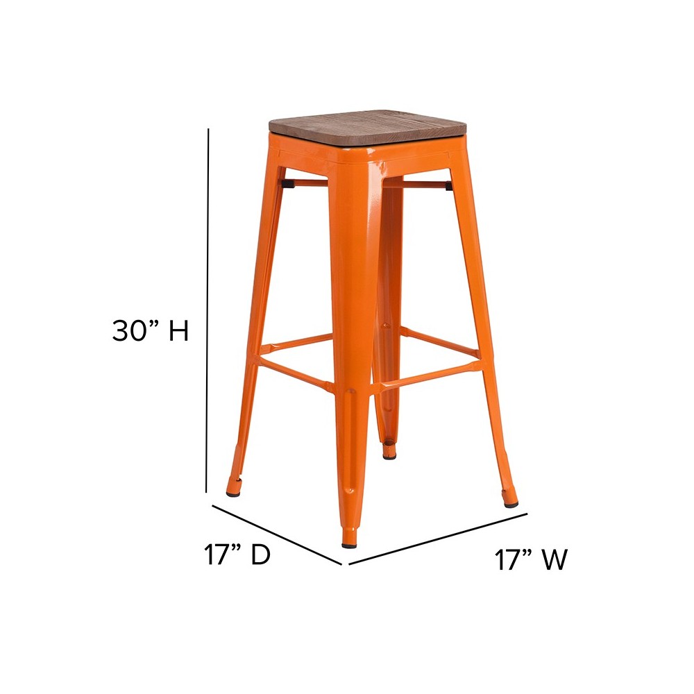 30" High Backless Orange Metal Barstool with Square Wood Seat