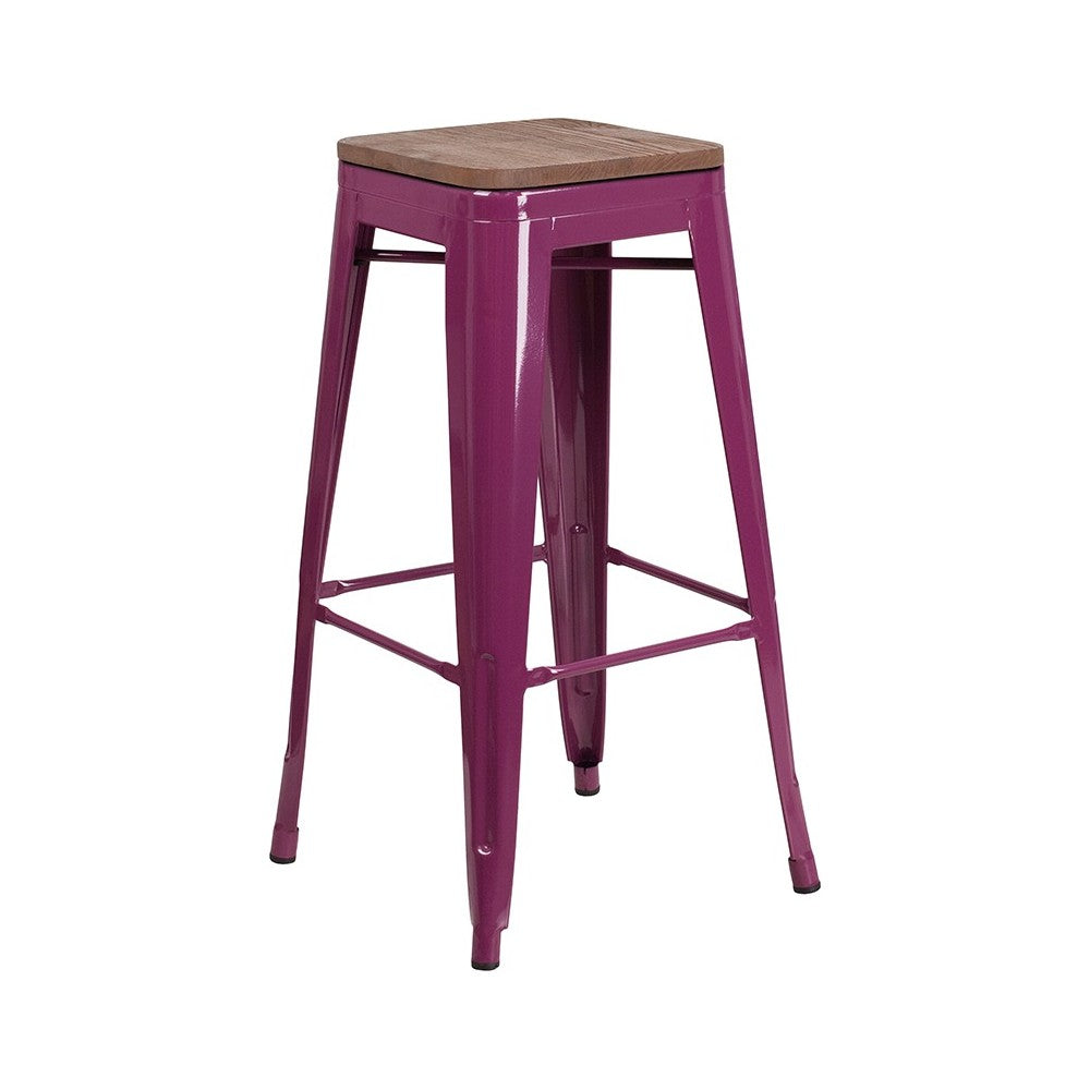30" High Backless Purple Barstool with Square Wood Seat
