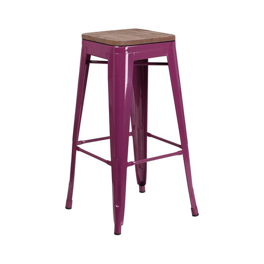 30" High Backless Purple Barstool with Square Wood Seat