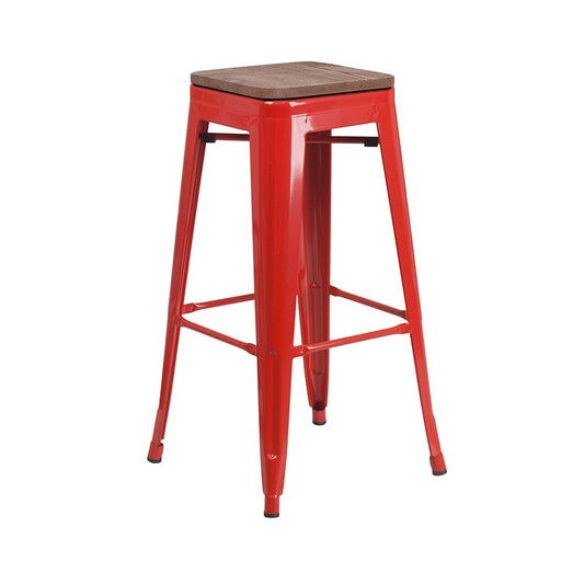 30" High Backless Red Metal Barstool with Square Wood Seat