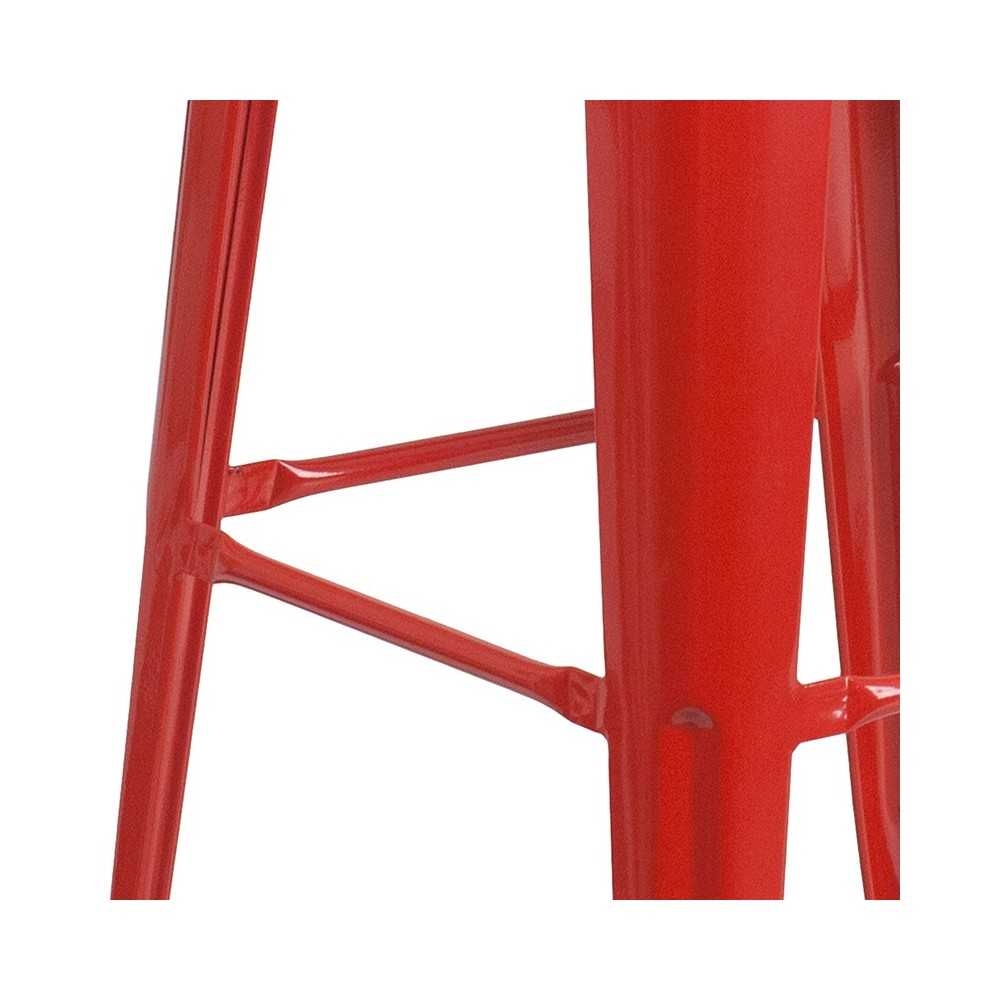 30" High Backless Red Metal Barstool with Square Wood Seat