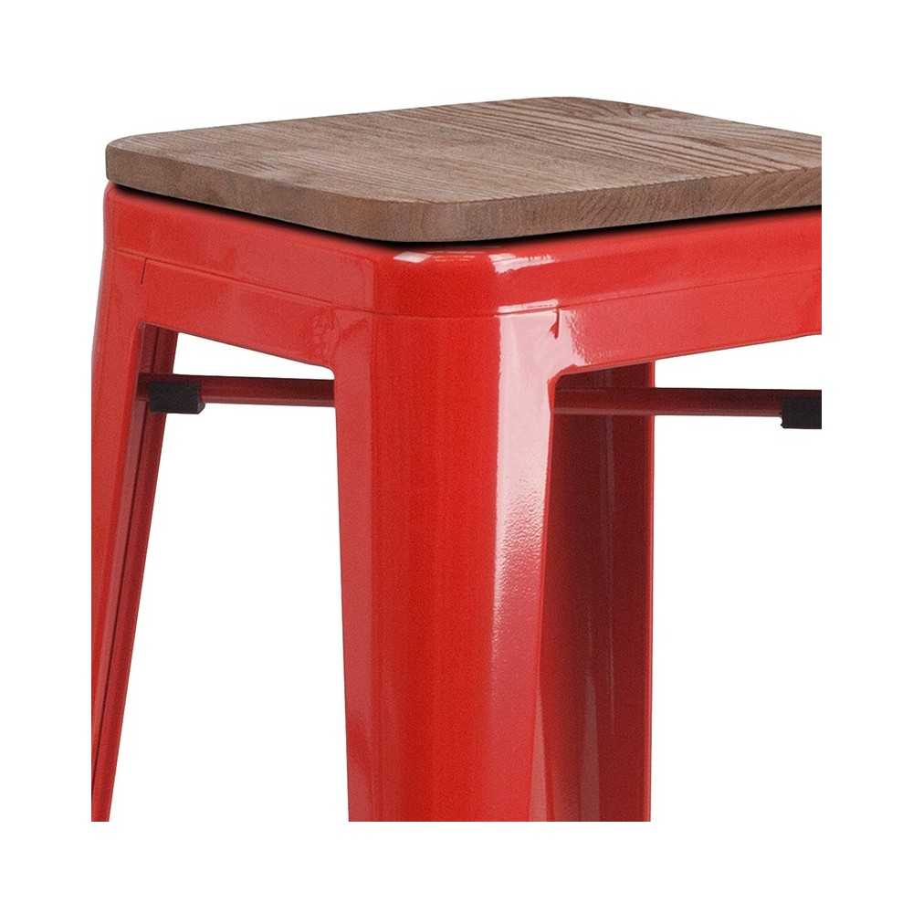 30" High Backless Red Metal Barstool with Square Wood Seat