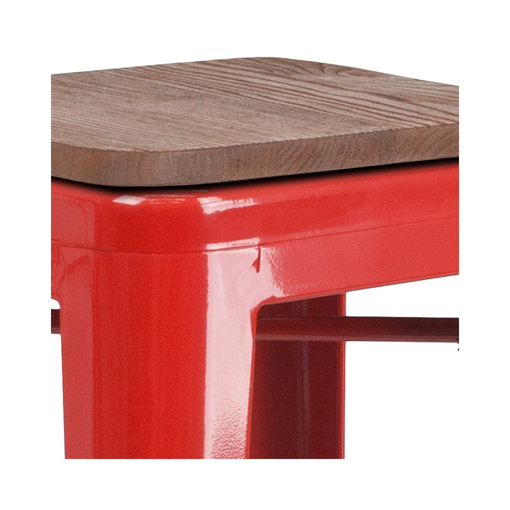 30" High Backless Red Metal Barstool with Square Wood Seat