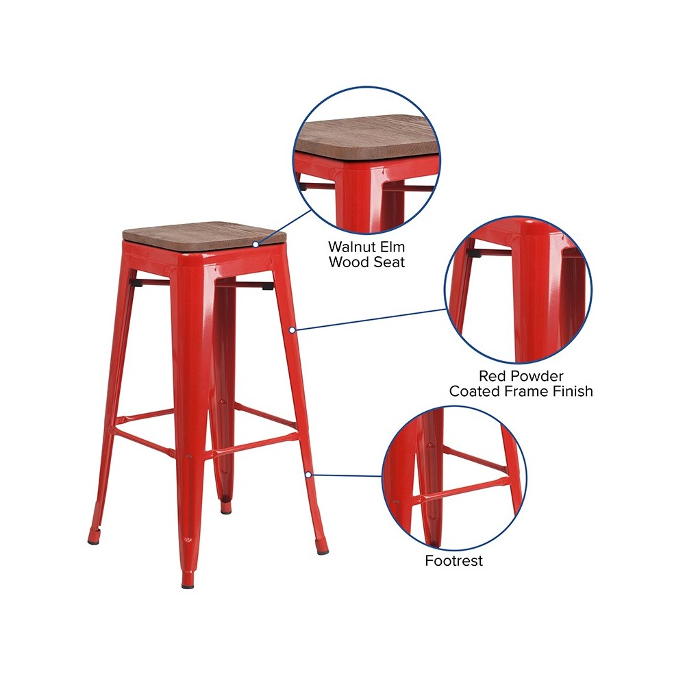 30" High Backless Red Metal Barstool with Square Wood Seat