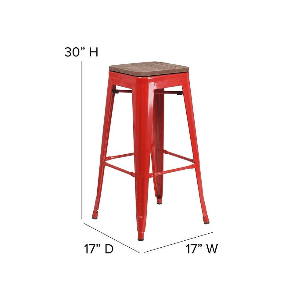 30" High Backless Red Metal Barstool with Square Wood Seat
