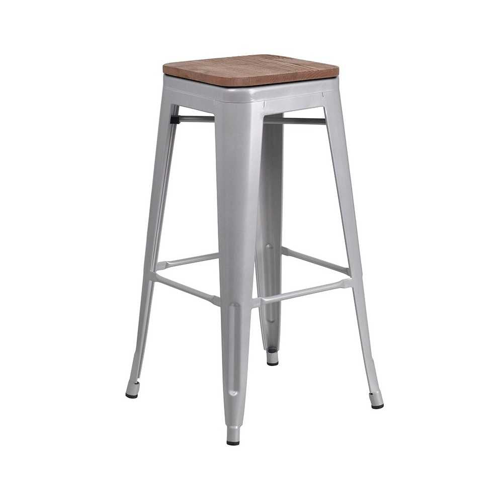 30" High Backless Silver Metal Barstool with Square Wood Seat