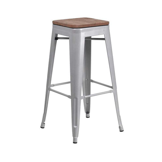 30" High Backless Silver Metal Barstool with Square Wood Seat