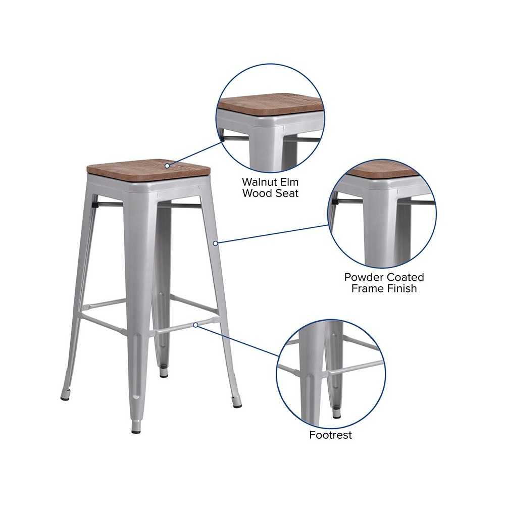 30" High Backless Silver Metal Barstool with Square Wood Seat