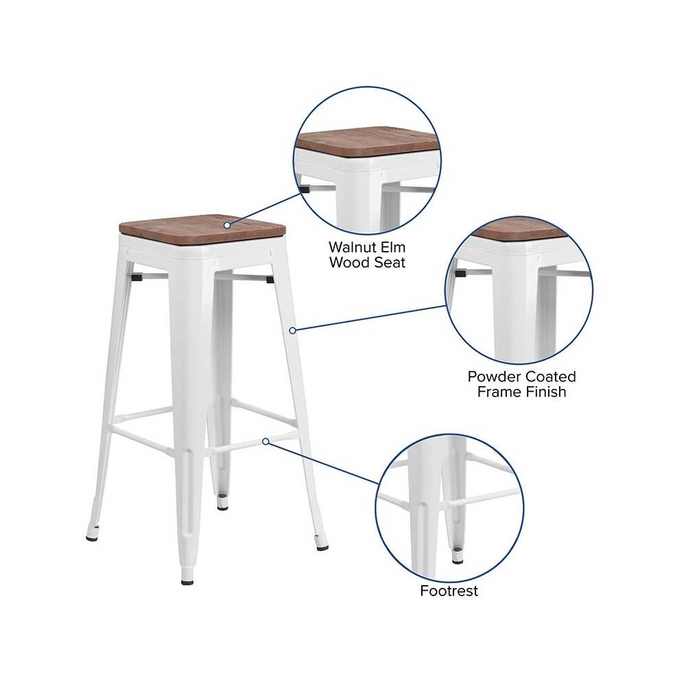30" High Backless White Metal Barstool with Square Wood Seat