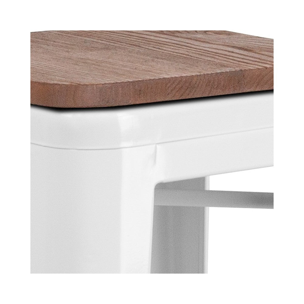 30" High Backless White Metal Barstool with Square Wood Seat