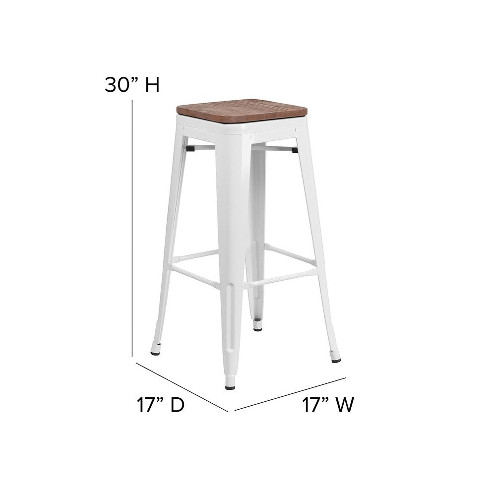 30" High Backless White Metal Barstool with Square Wood Seat