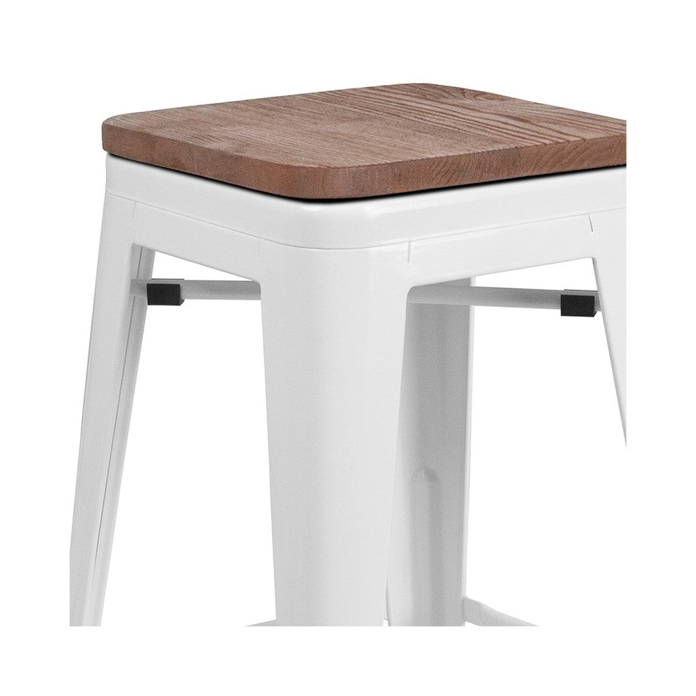 30" High Backless White Metal Barstool with Square Wood Seat