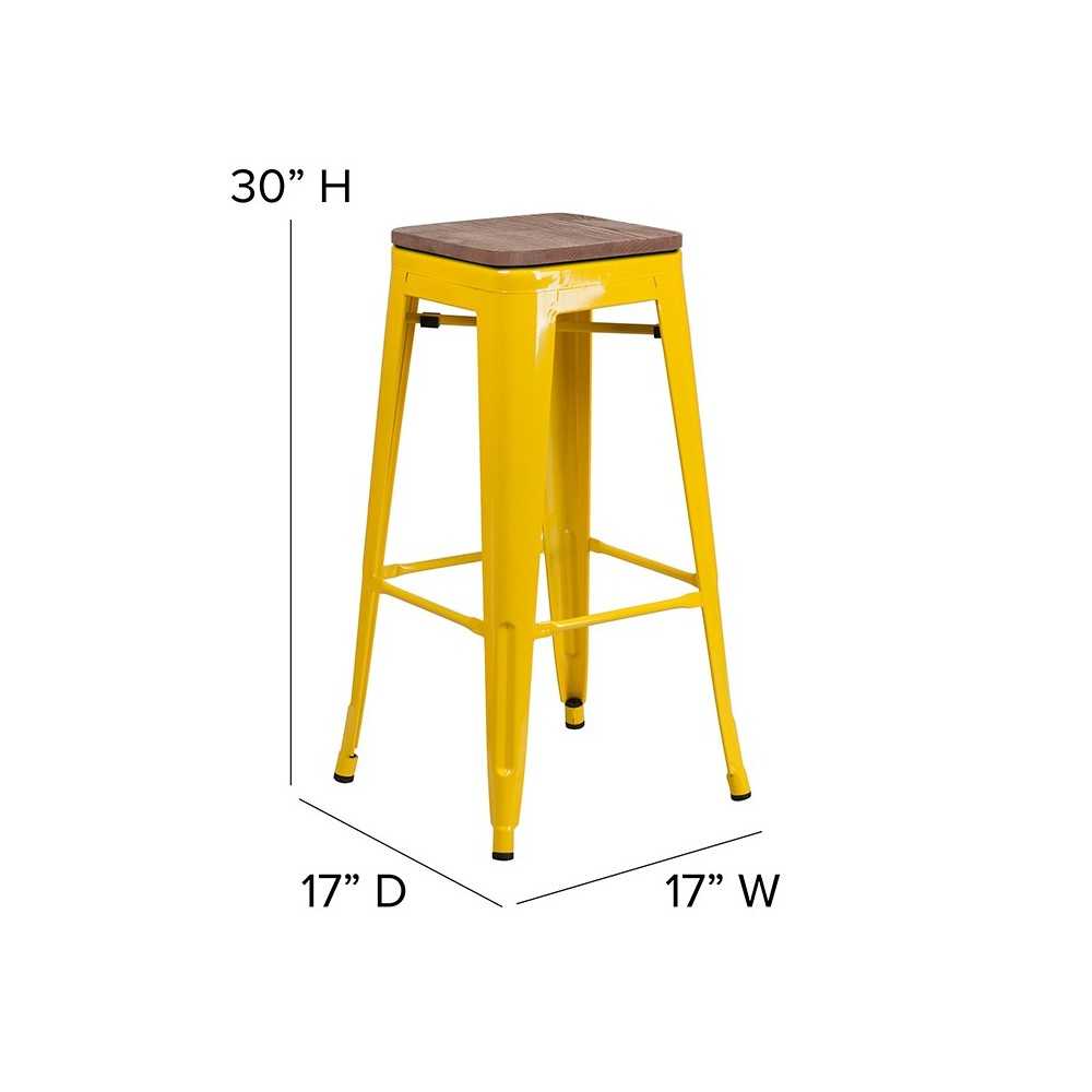 30" High Backless Yellow Metal Barstool with Square Wood Seat