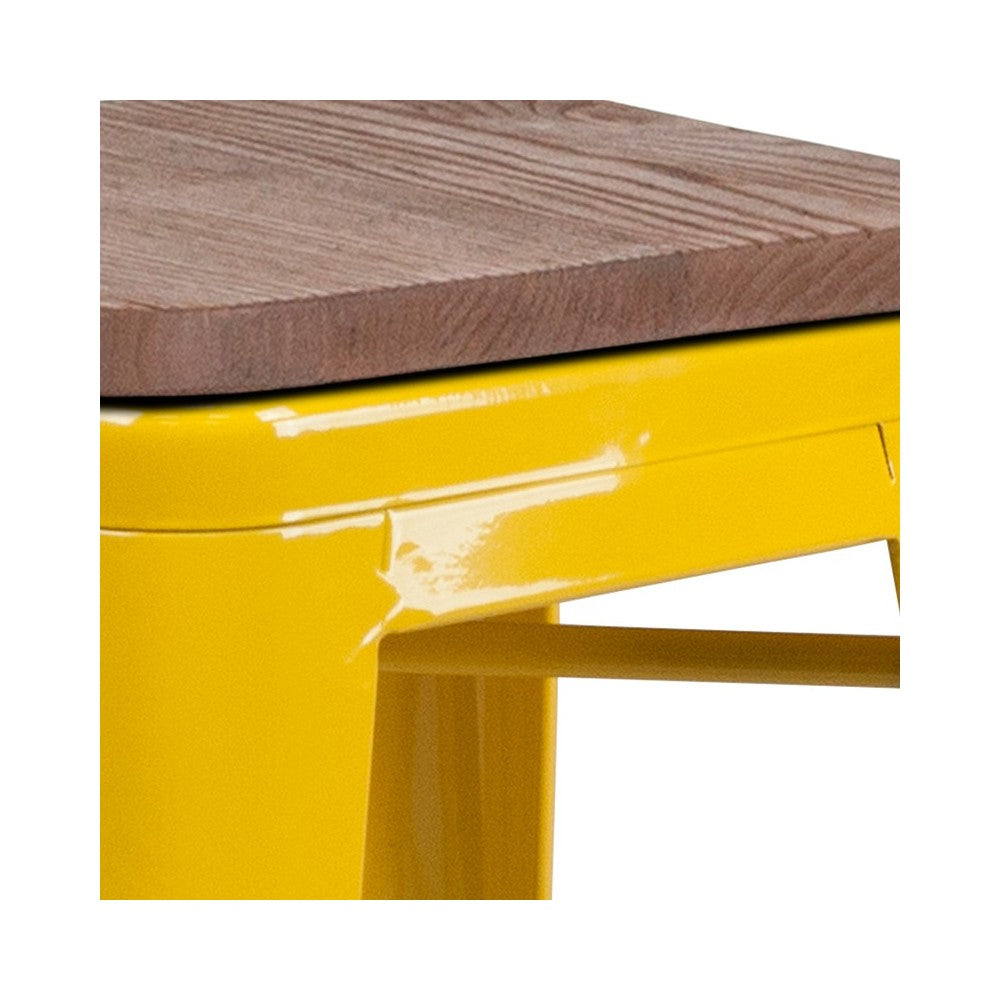 30" High Backless Yellow Metal Barstool with Square Wood Seat