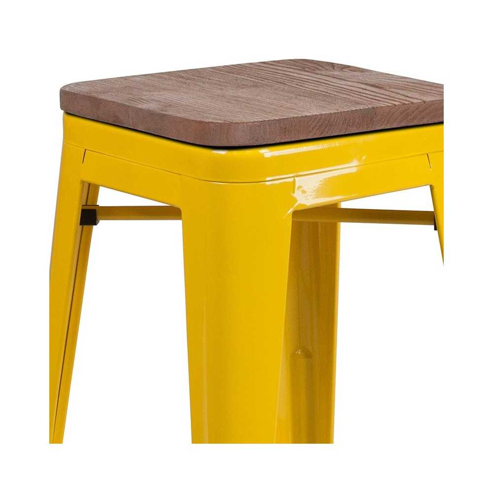 30" High Backless Yellow Metal Barstool with Square Wood Seat