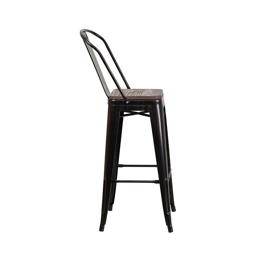 30" High Black-Antique Gold Metal Barstool with Back and Wood Seat