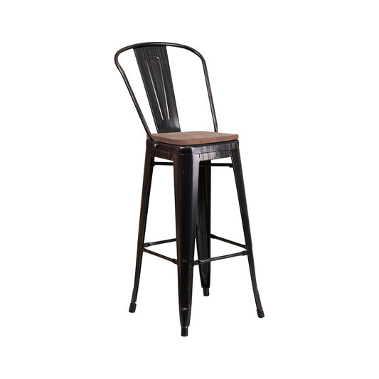 30" High Black-Antique Gold Metal Barstool with Back and Wood Seat
