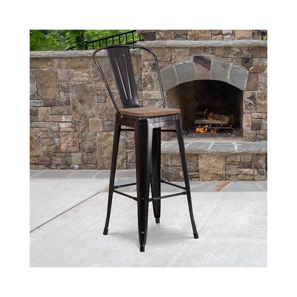 30" High Black-Antique Gold Metal Barstool with Back and Wood Seat