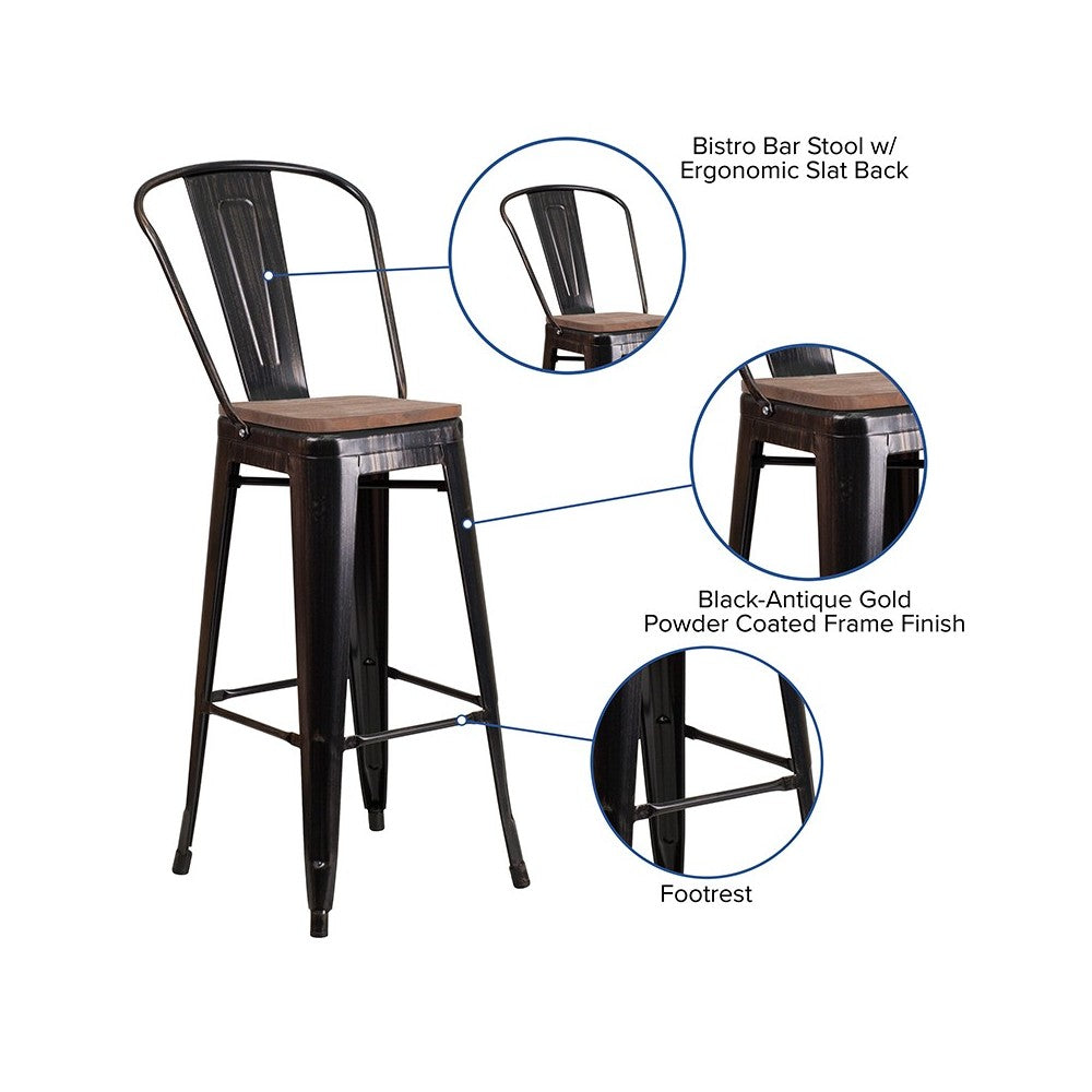 30" High Black-Antique Gold Metal Barstool with Back and Wood Seat