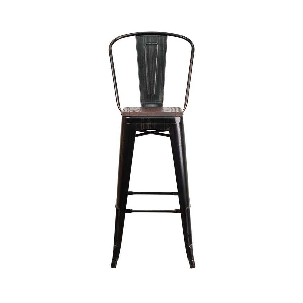 30" High Black-Antique Gold Metal Barstool with Back and Wood Seat