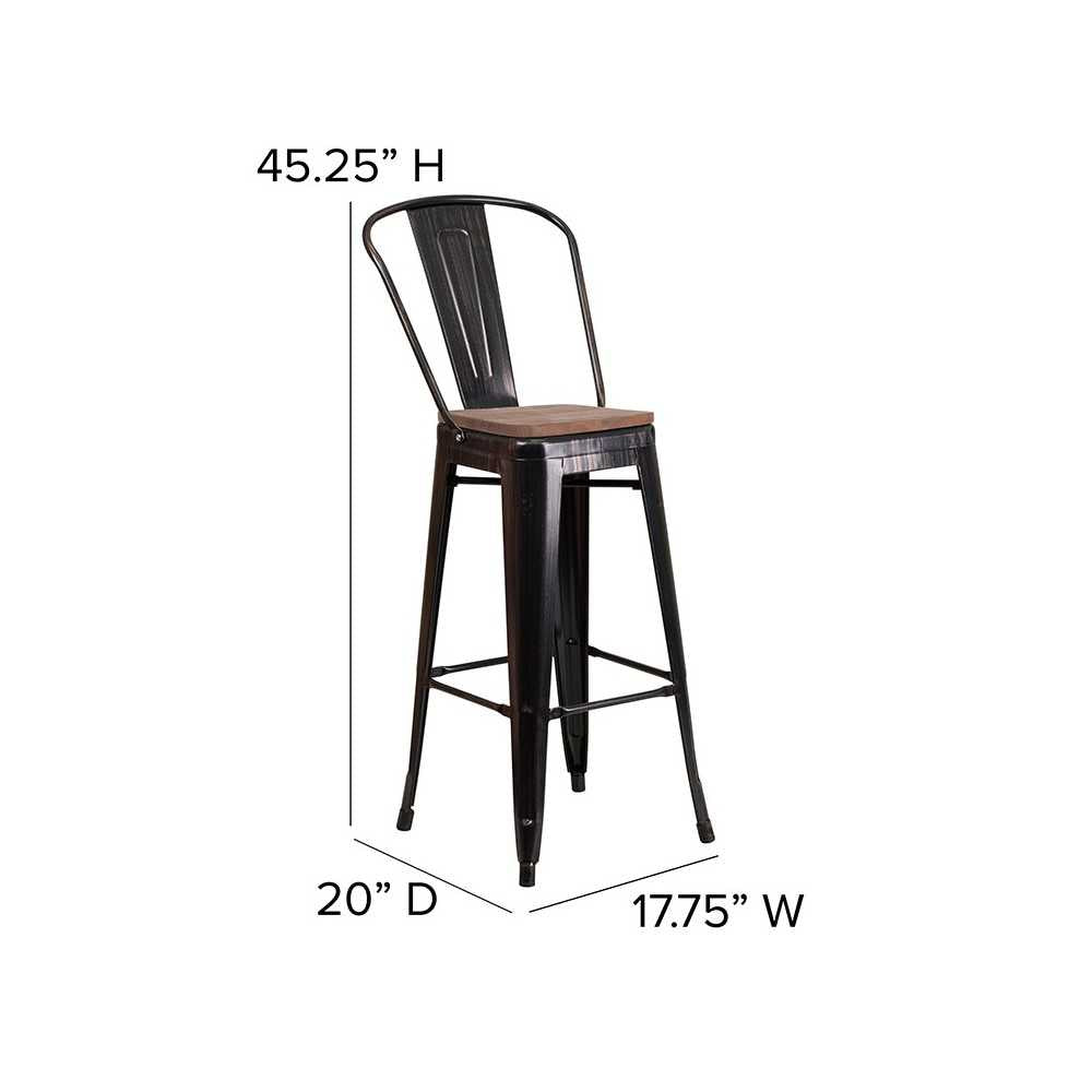 30" High Black-Antique Gold Metal Barstool with Back and Wood Seat