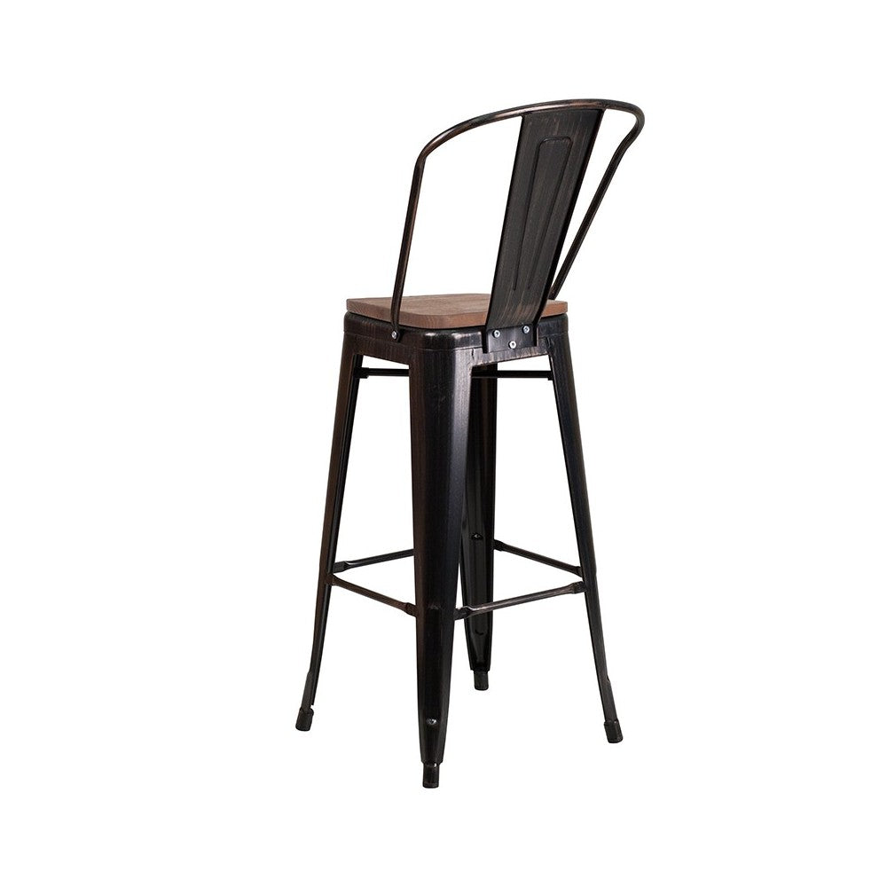 30" High Black-Antique Gold Metal Barstool with Back and Wood Seat