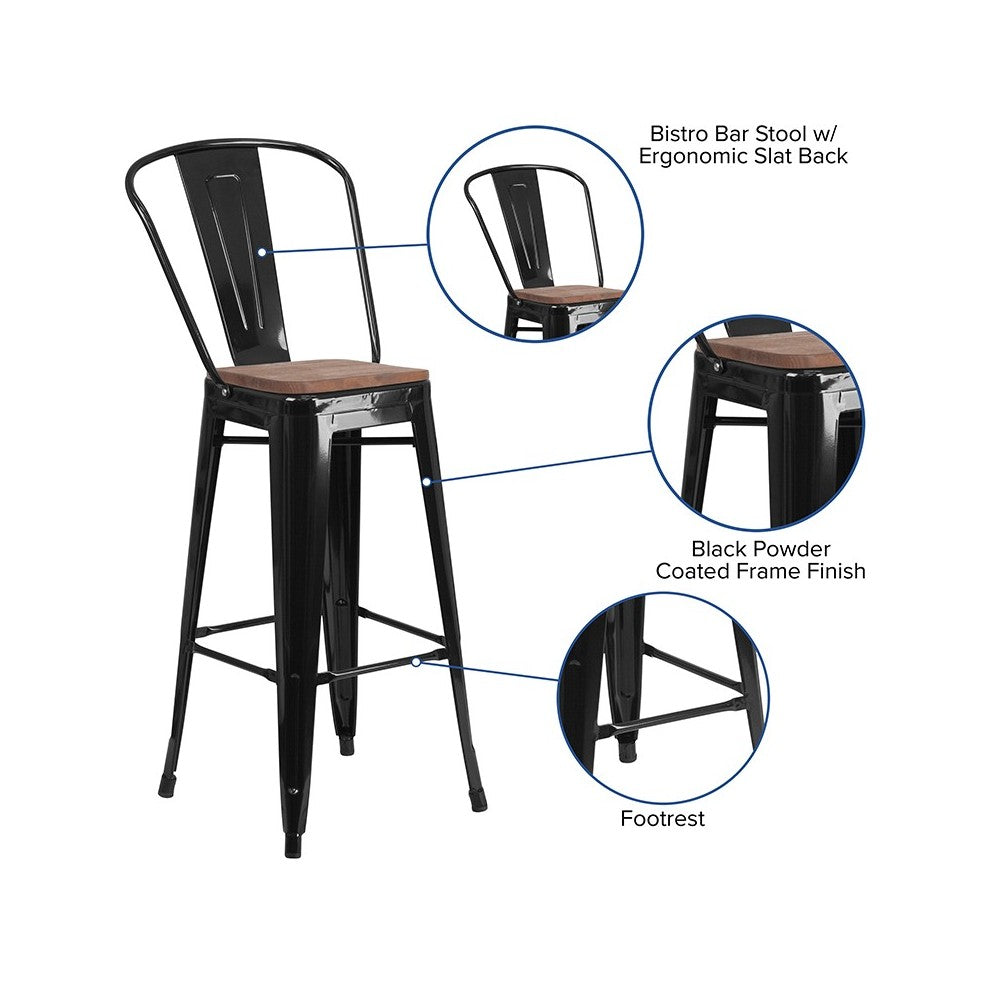 30" High Black Metal Barstool with Back and Wood Seat