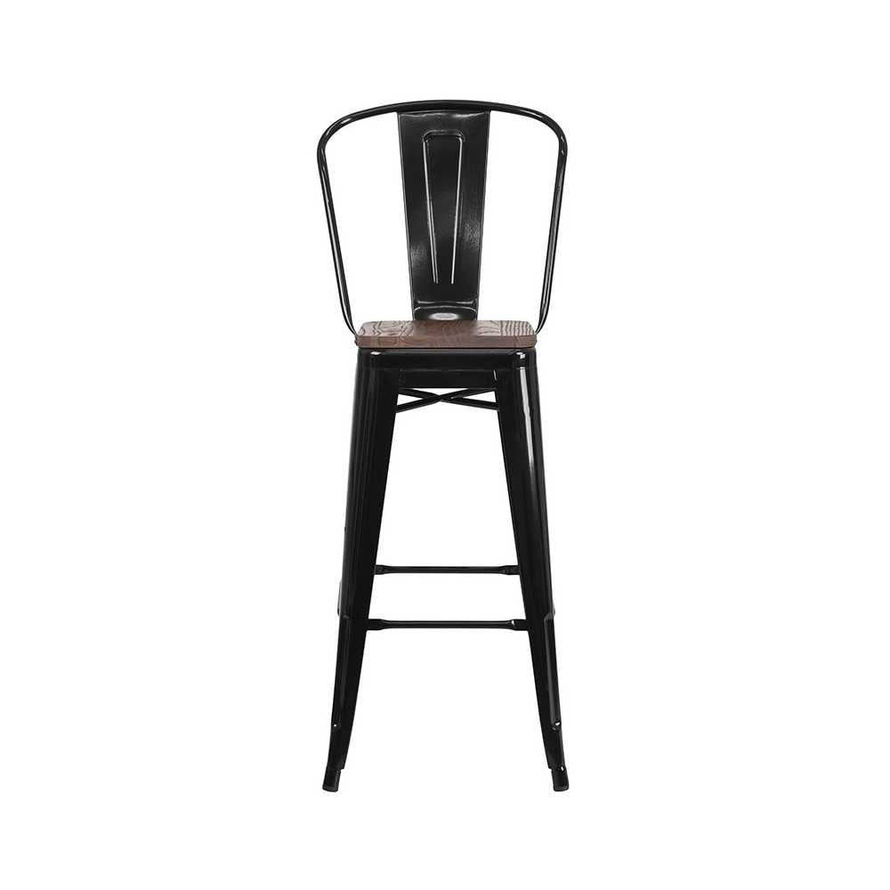 30" High Black Metal Barstool with Back and Wood Seat