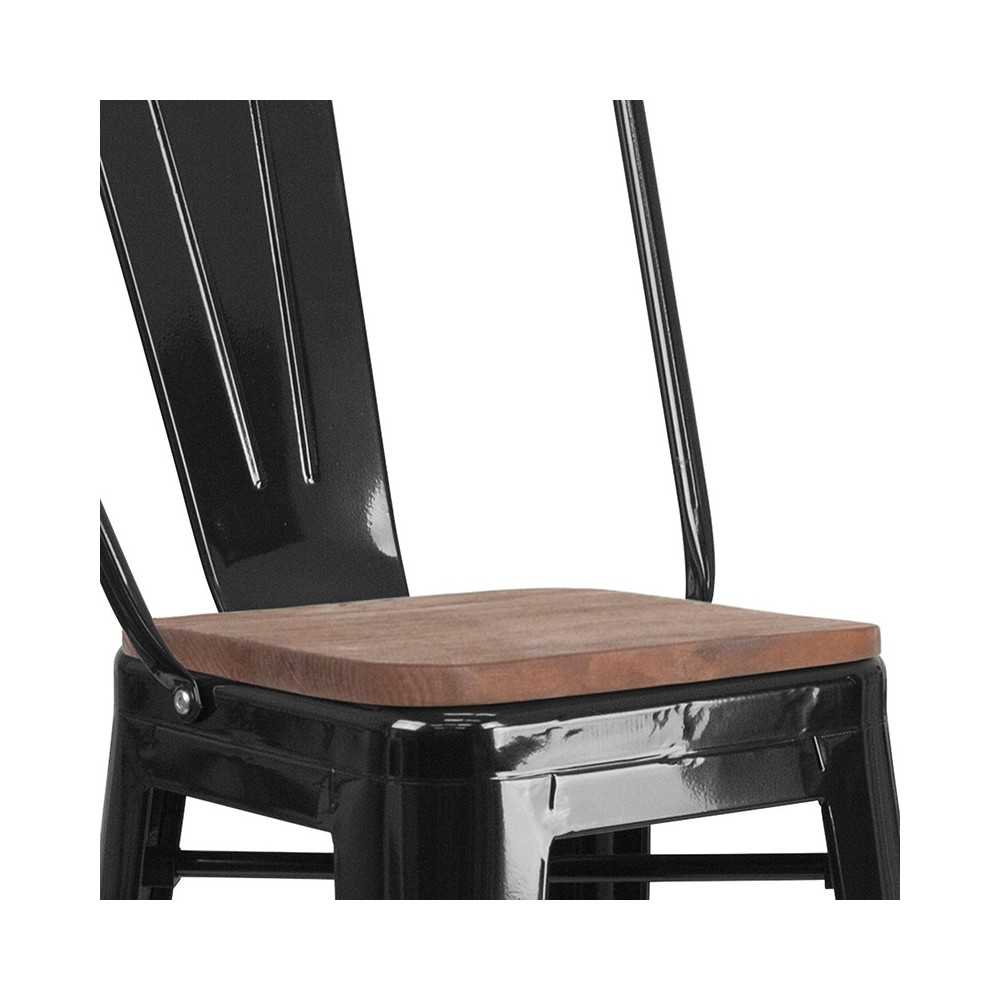 30" High Black Metal Barstool with Back and Wood Seat