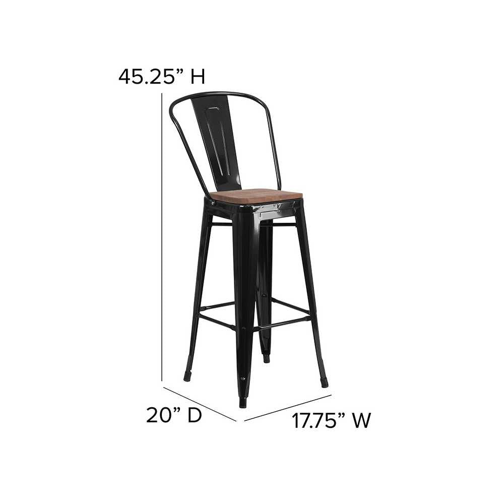 30" High Black Metal Barstool with Back and Wood Seat