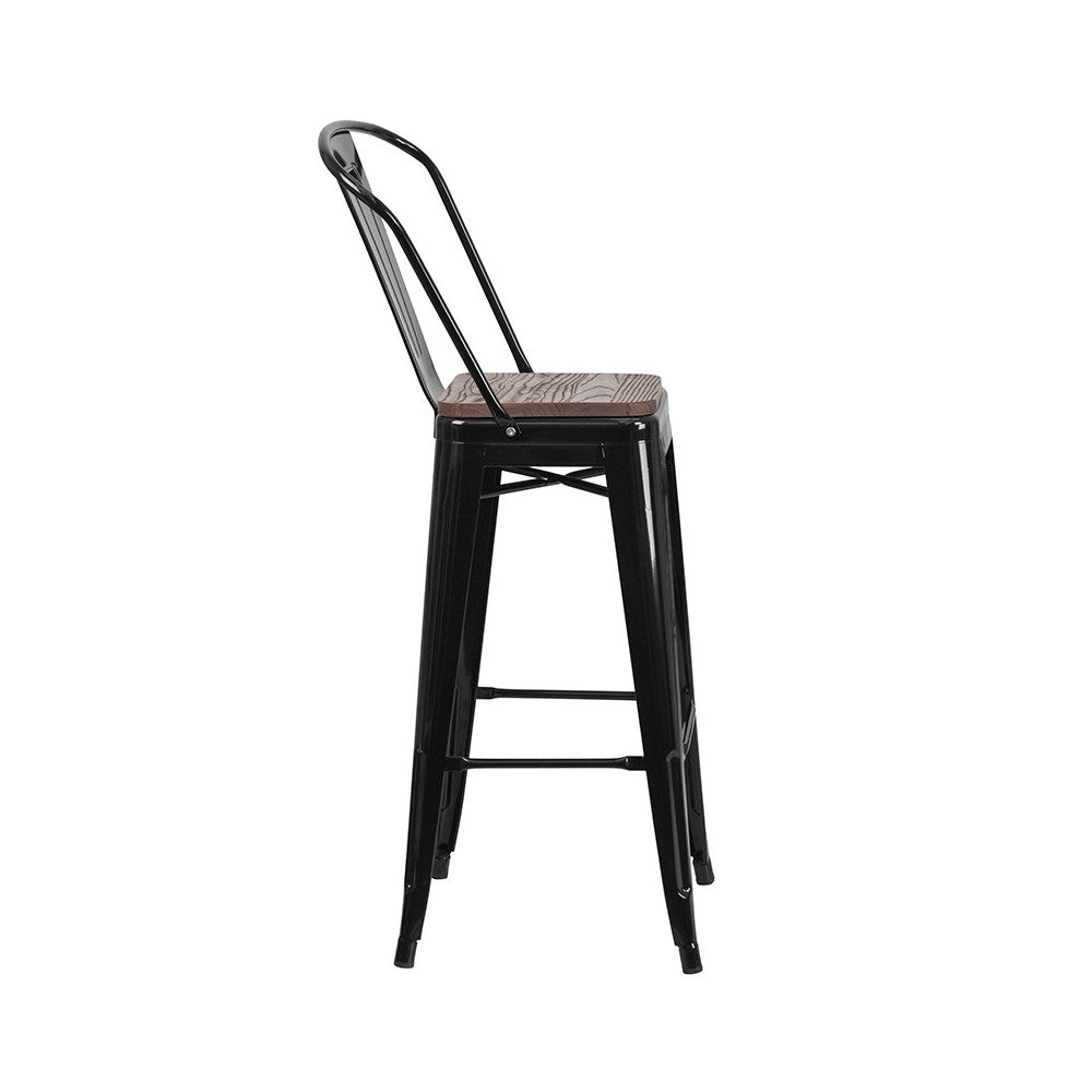 30" High Black Metal Barstool with Back and Wood Seat
