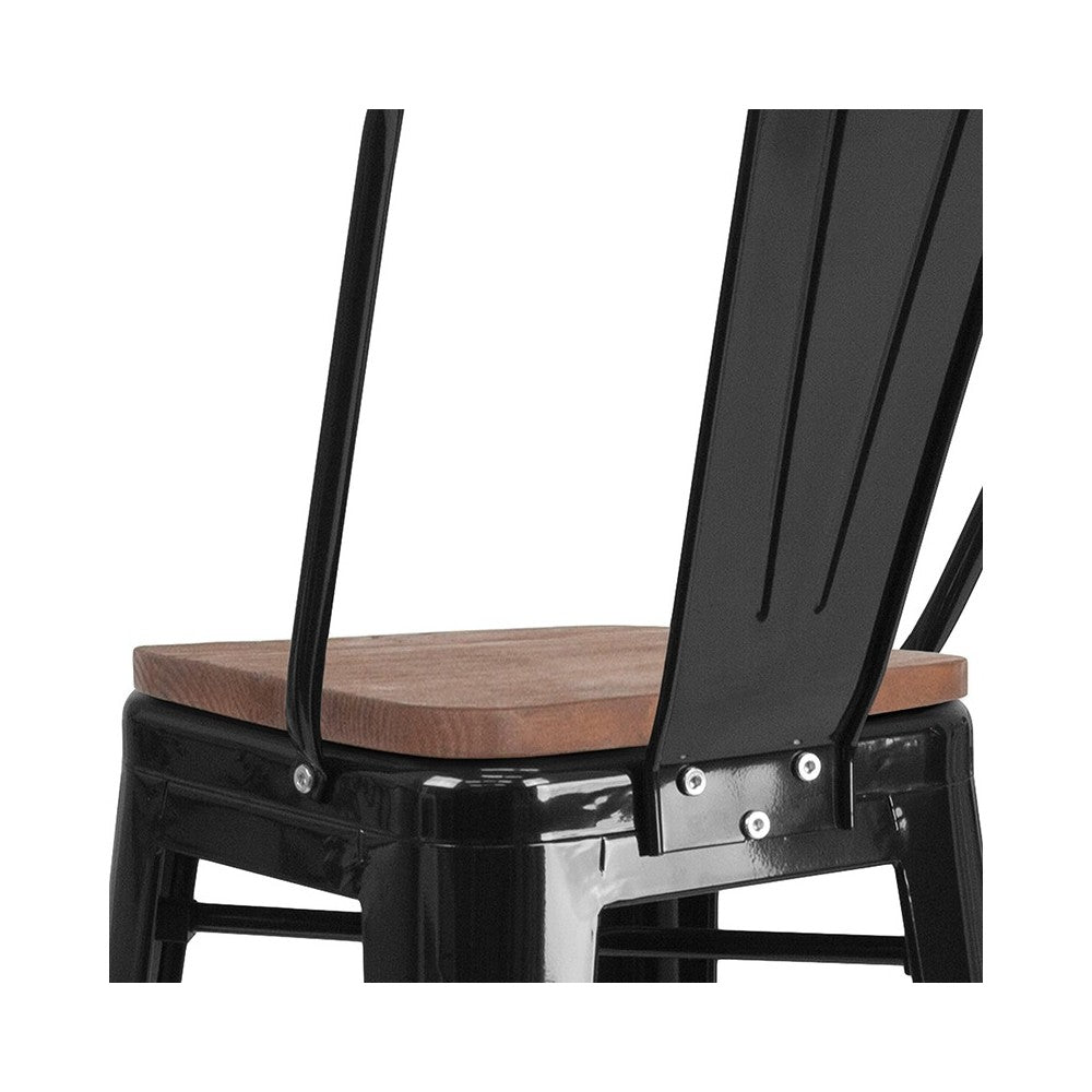 30" High Black Metal Barstool with Back and Wood Seat