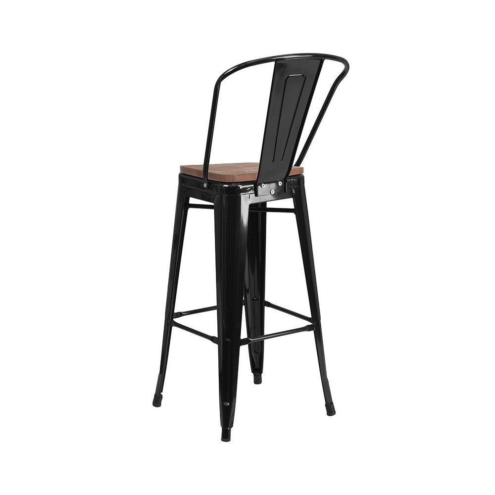 30" High Black Metal Barstool with Back and Wood Seat