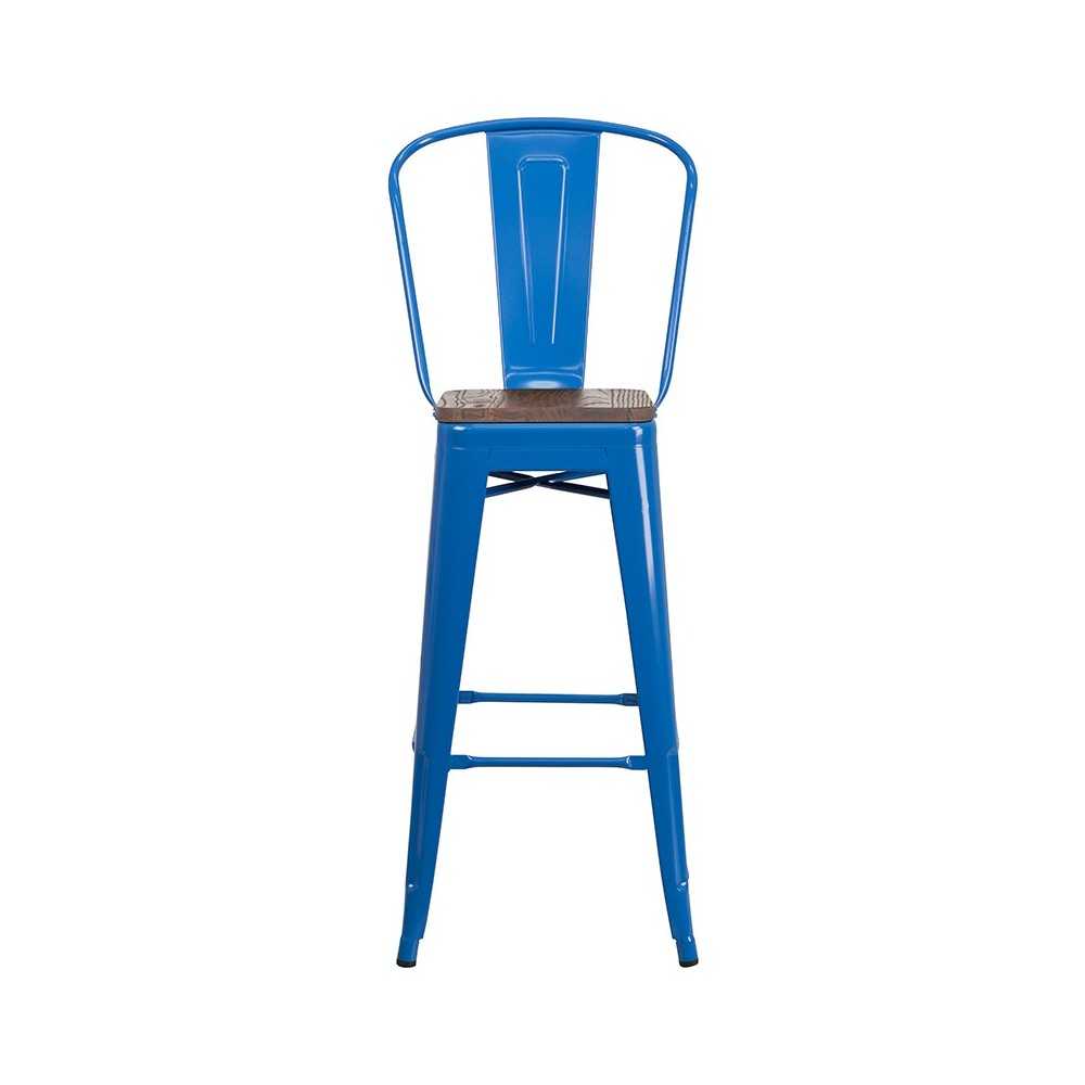 30" High Blue Metal Barstool with Back and Wood Seat
