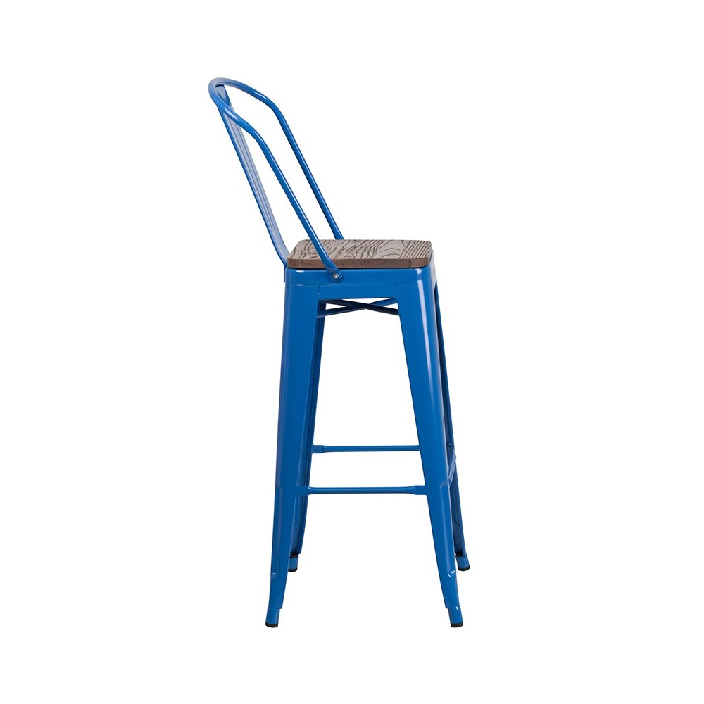 30" High Blue Metal Barstool with Back and Wood Seat