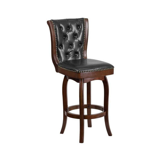 30'' High Cappuccino Wood Barstool with Button Tufted Back and Black LeatherSoft Swivel Seat