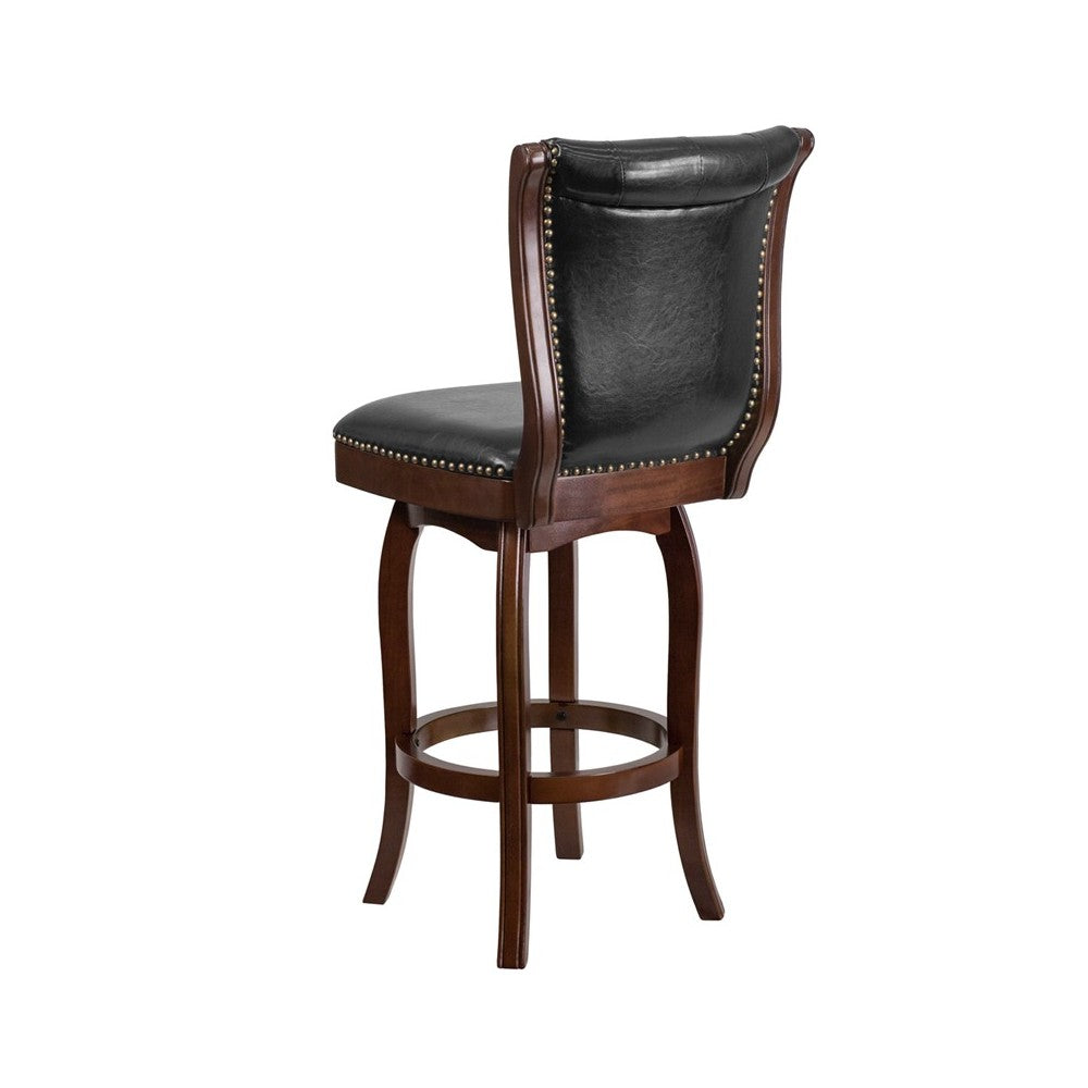 30'' High Cappuccino Wood Barstool with Button Tufted Back and Black LeatherSoft Swivel Seat