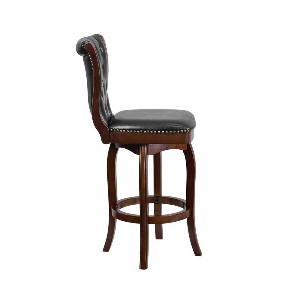 30'' High Cappuccino Wood Barstool with Button Tufted Back and Black LeatherSoft Swivel Seat