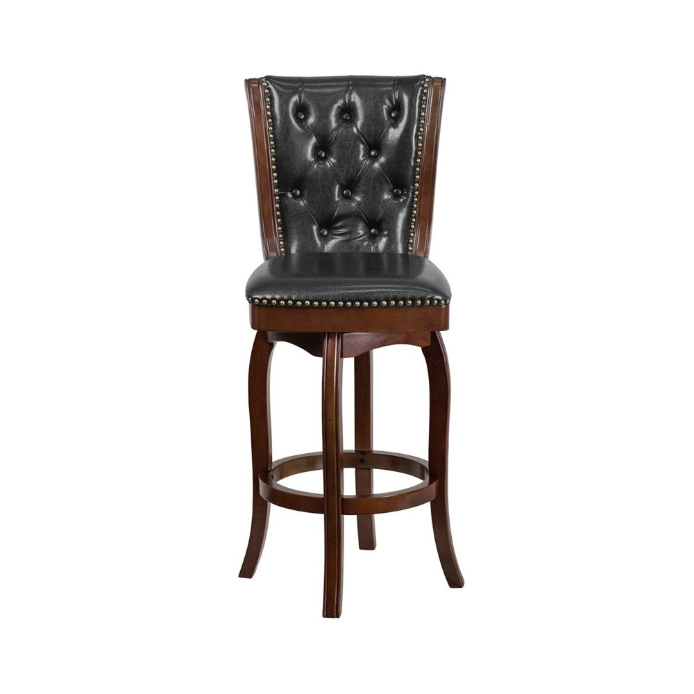 30'' High Cappuccino Wood Barstool with Button Tufted Back and Black LeatherSoft Swivel Seat