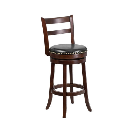 30'' High Cappuccino Wood Barstool with Single Slat Ladder Back and Black LeatherSoft Swivel Seat