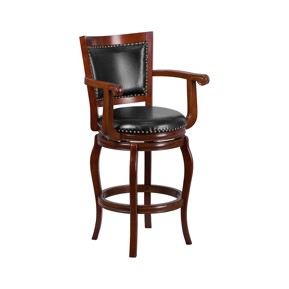 30'' High Cherry Wood Barstool with Arms, Panel Back and Black LeatherSoft Swivel Seat