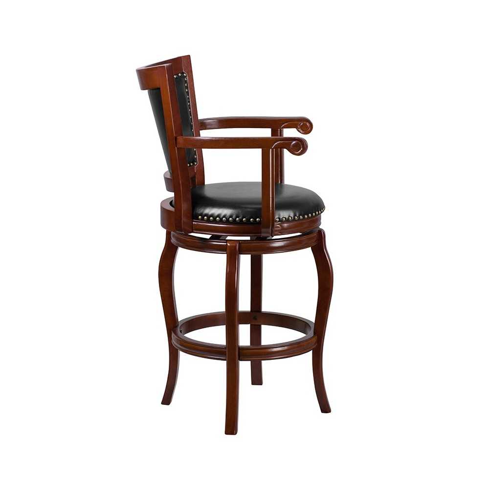 30'' High Cherry Wood Barstool with Arms, Panel Back and Black LeatherSoft Swivel Seat