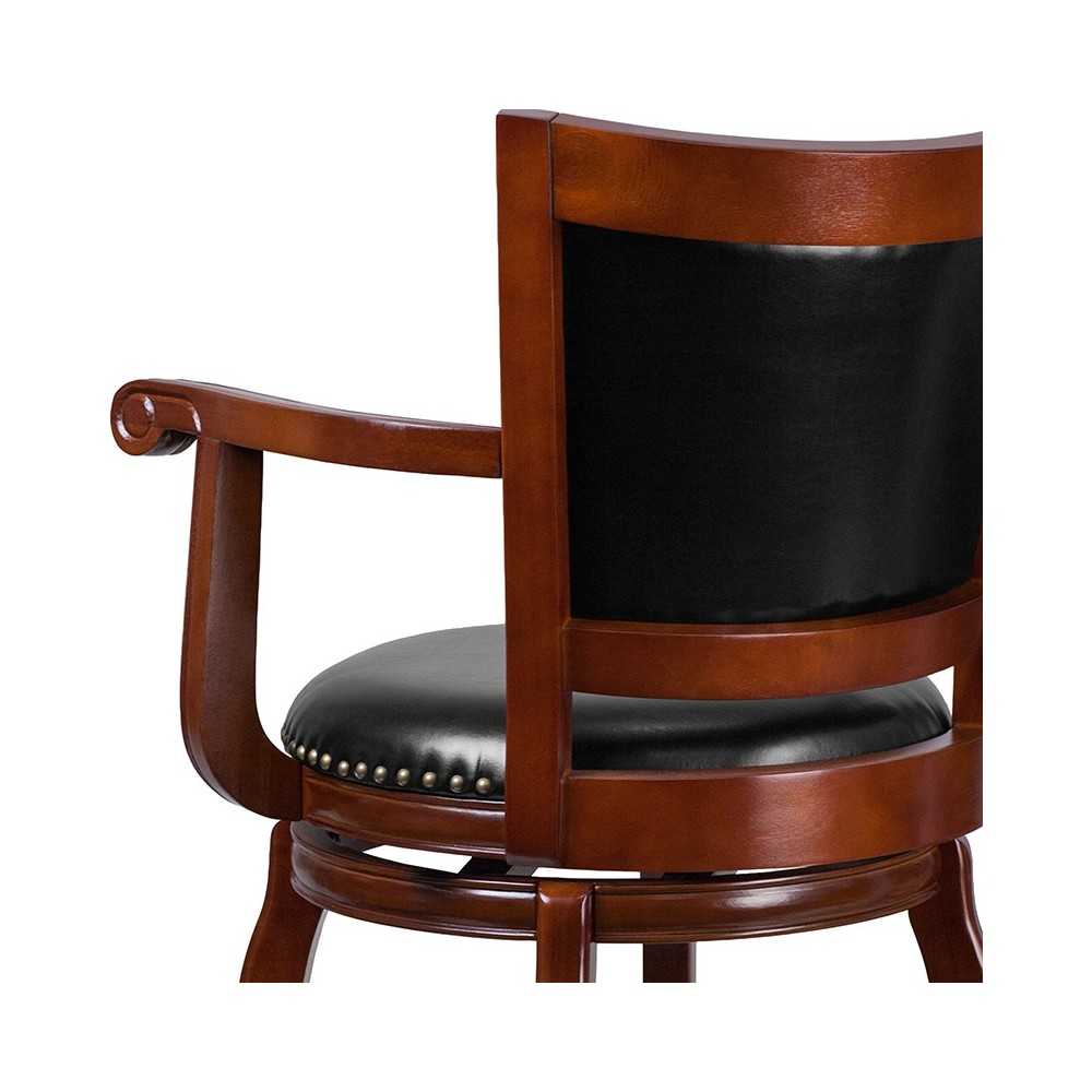 30'' High Cherry Wood Barstool with Arms, Panel Back and Black LeatherSoft Swivel Seat